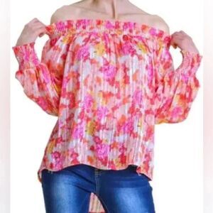 Floral Off the Shoulder Stretchy Lightweight Cottagecore Vacation Beach Top M
